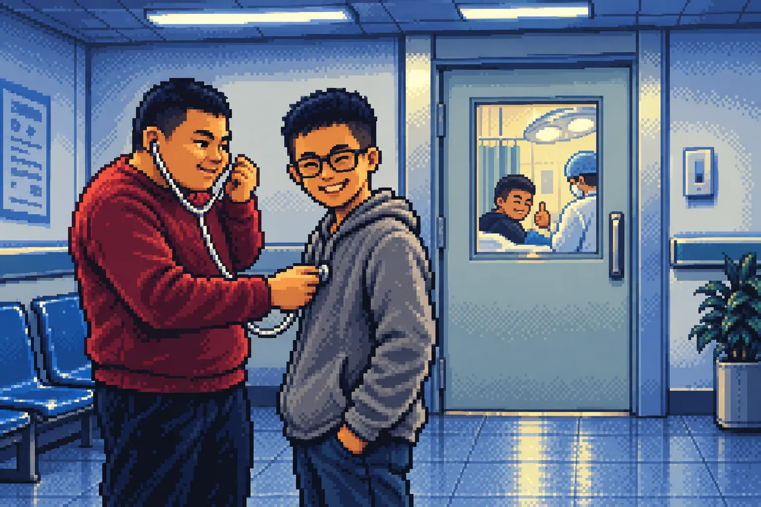 像素画：医院门口玩听诊器