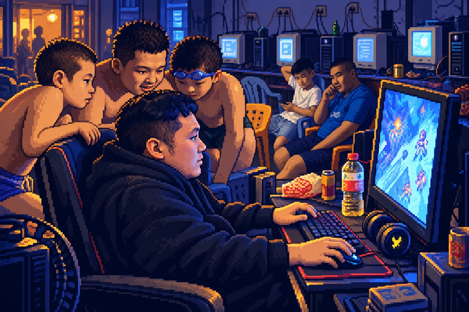 像素画：肥总玩游戏被一群孩子围观