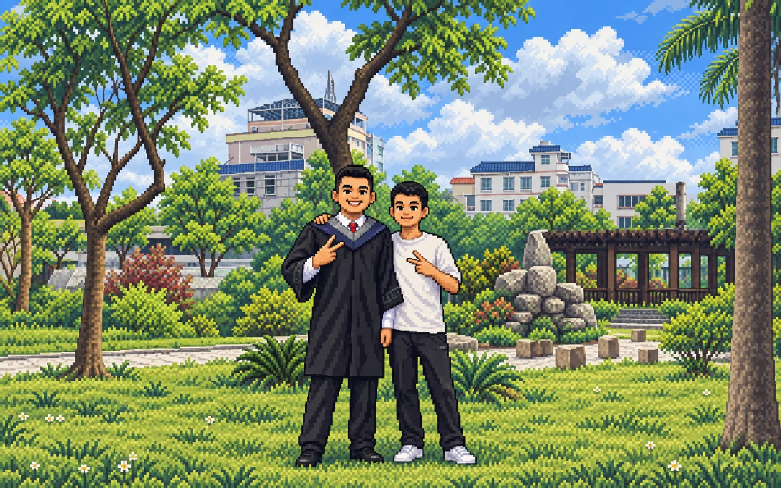 像素画：大学毕业时与朋友合照