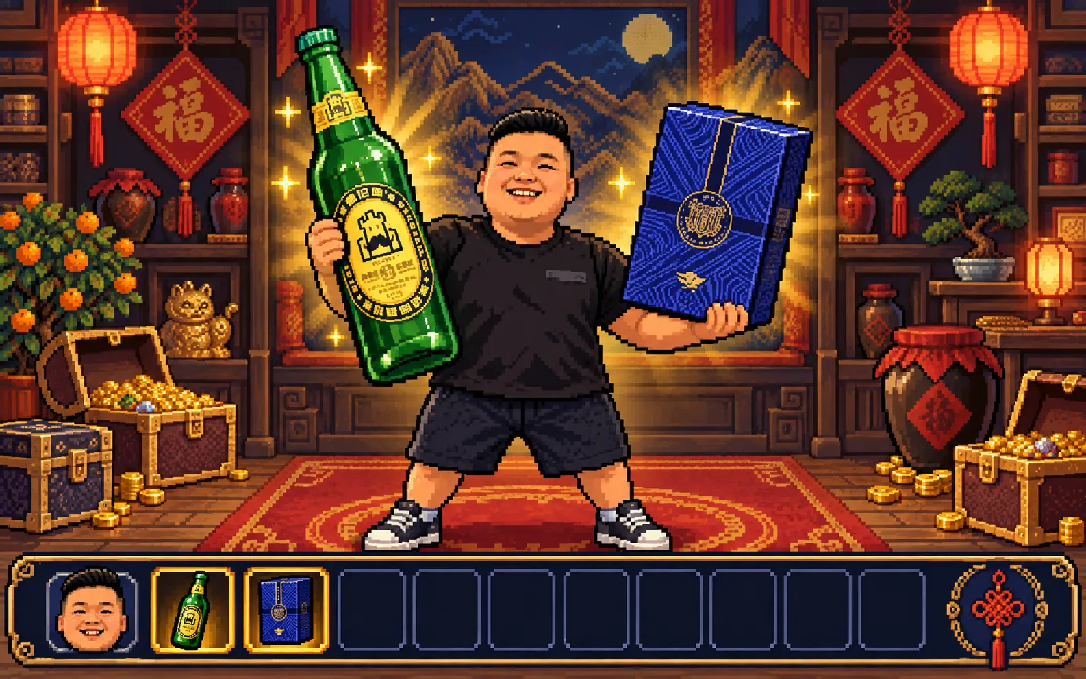 像素画：肥总同时解锁巨型啤酒和春节盒装酒