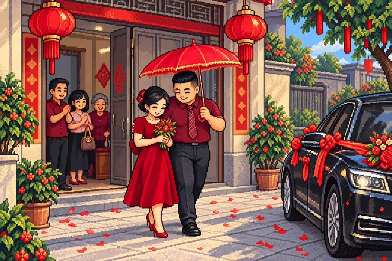 像素画：新郎撑红伞，与新娘一起走向婚车